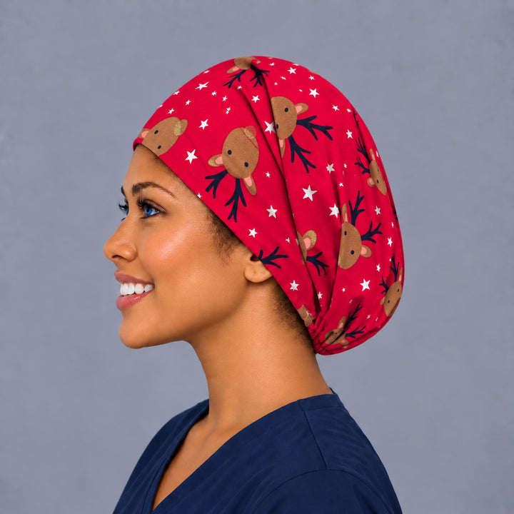 Festive reindeer Euro surgical cap, left side profile — elastic adjustable back that secures long or thick hair