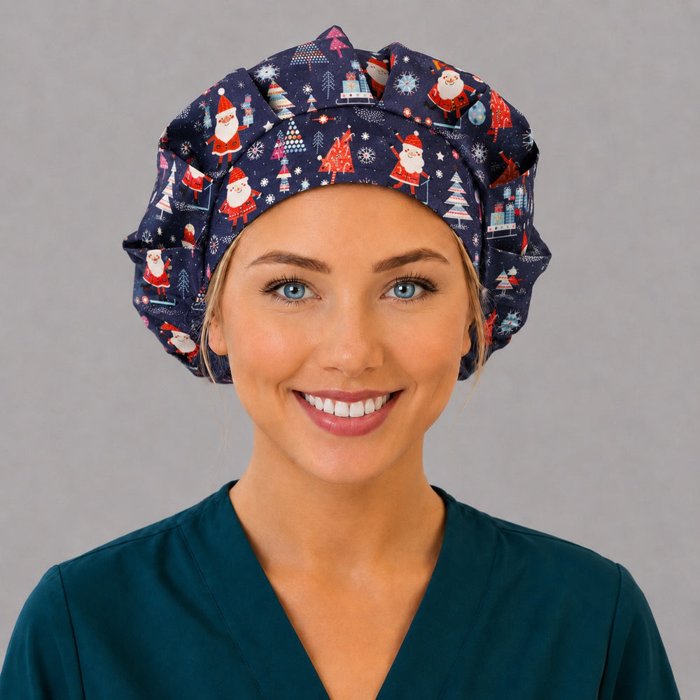 Woman wearing a festive Santa bouffant scrub cap, front view — smiling Santas, Christmas trees and snowflakes on navy, adjustable women's surgical hat