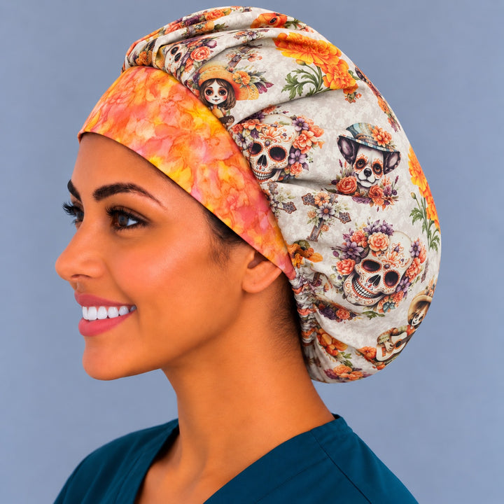 Fiesta fall bouffant scrub cap, left side profile — full back coverage with orange and pink watercolor band
