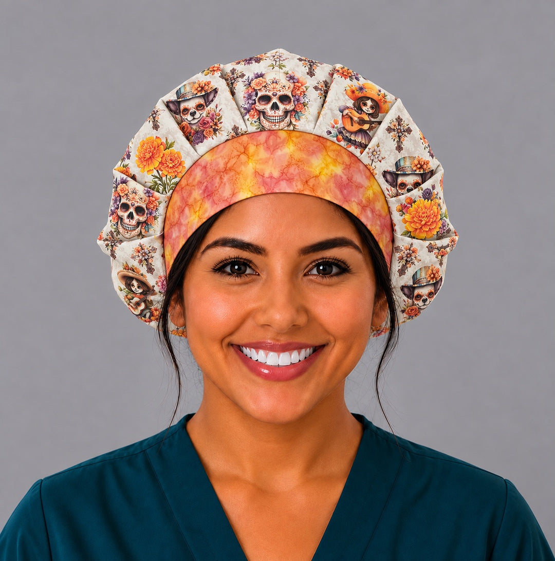 Woman wearing a fiesta fall sugar skull bouffant scrub cap, front view — skull, guitar girls and marigolds with orange watercolor band