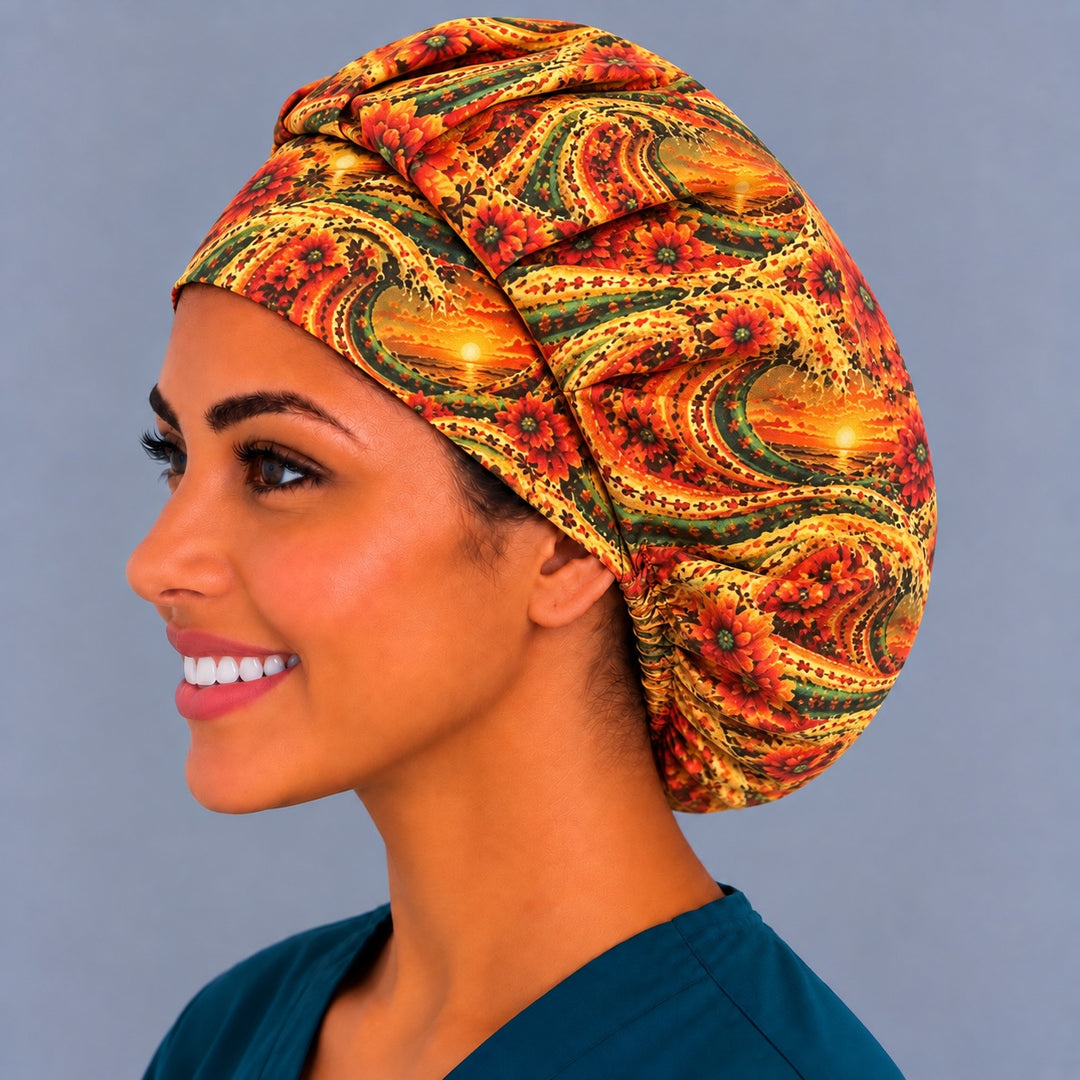 Fiesta floral bouffant cap for women, left side profile — handmade emerald and gold wave print, USA made