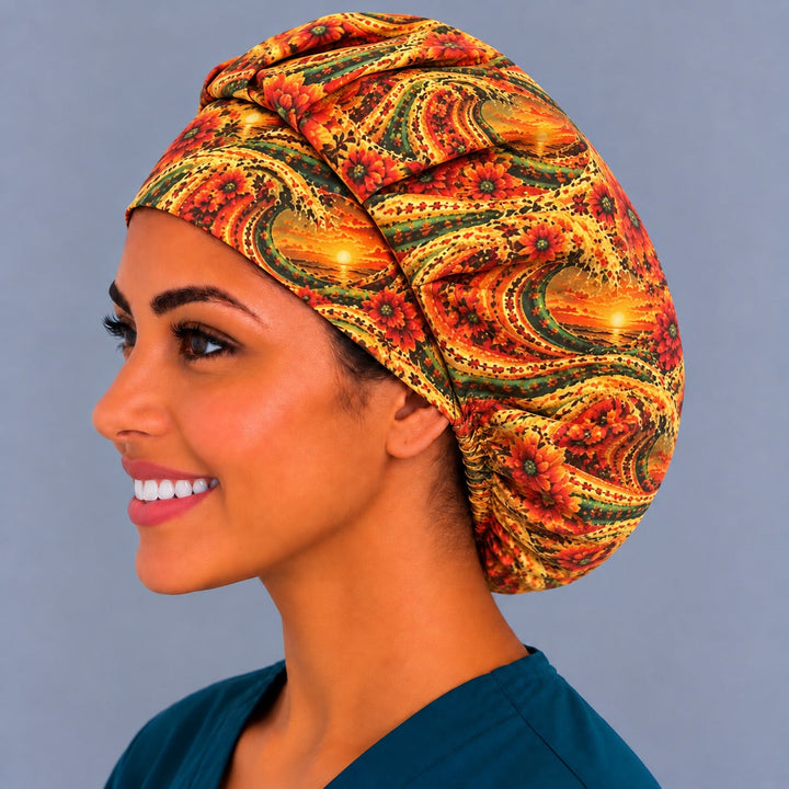 Fiesta floral bouffant cap for women, left profile, exclusive handmade Mexican flag tidal wave fabric, made in USA