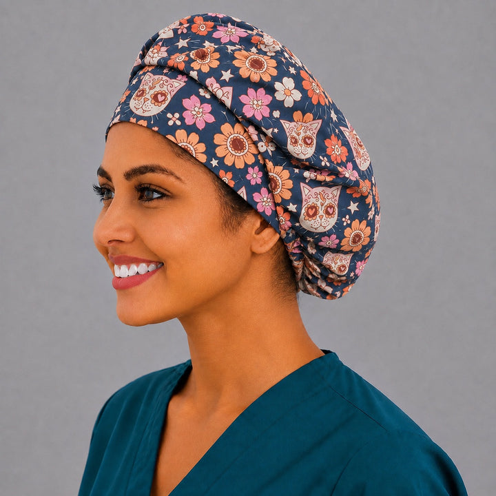 Fiesta Gato bouffant scrub cap, left side profile — sugar skull cat print, a favorite with vet techs and veterinary teams