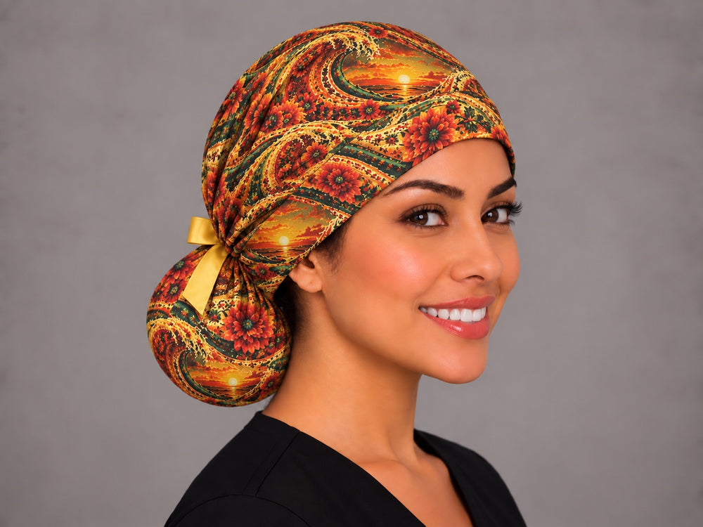 Fiesta sunset ponytail surgical hat, right angled smiling view — gold grosgrain bow on the ponytail pouch