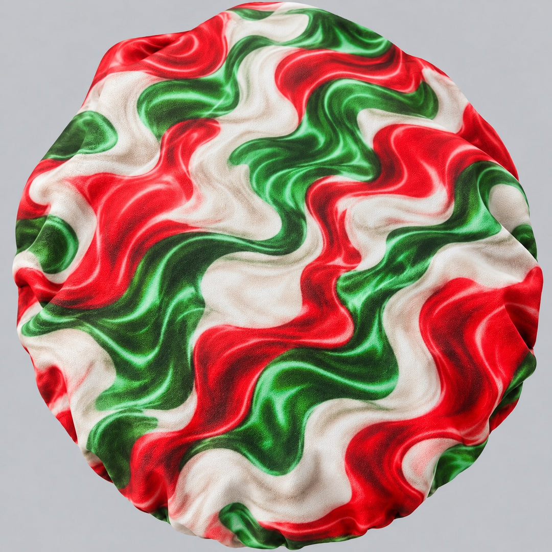Top view of the fiesta swirl bouffant cap laid flat, showing the full round crown and the elastic gathered evenly around the edge