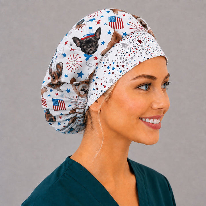 Fireworks puppy bouffant surgical cap for long hair, right side profile — deep gathered fit that secures thick or braided hair