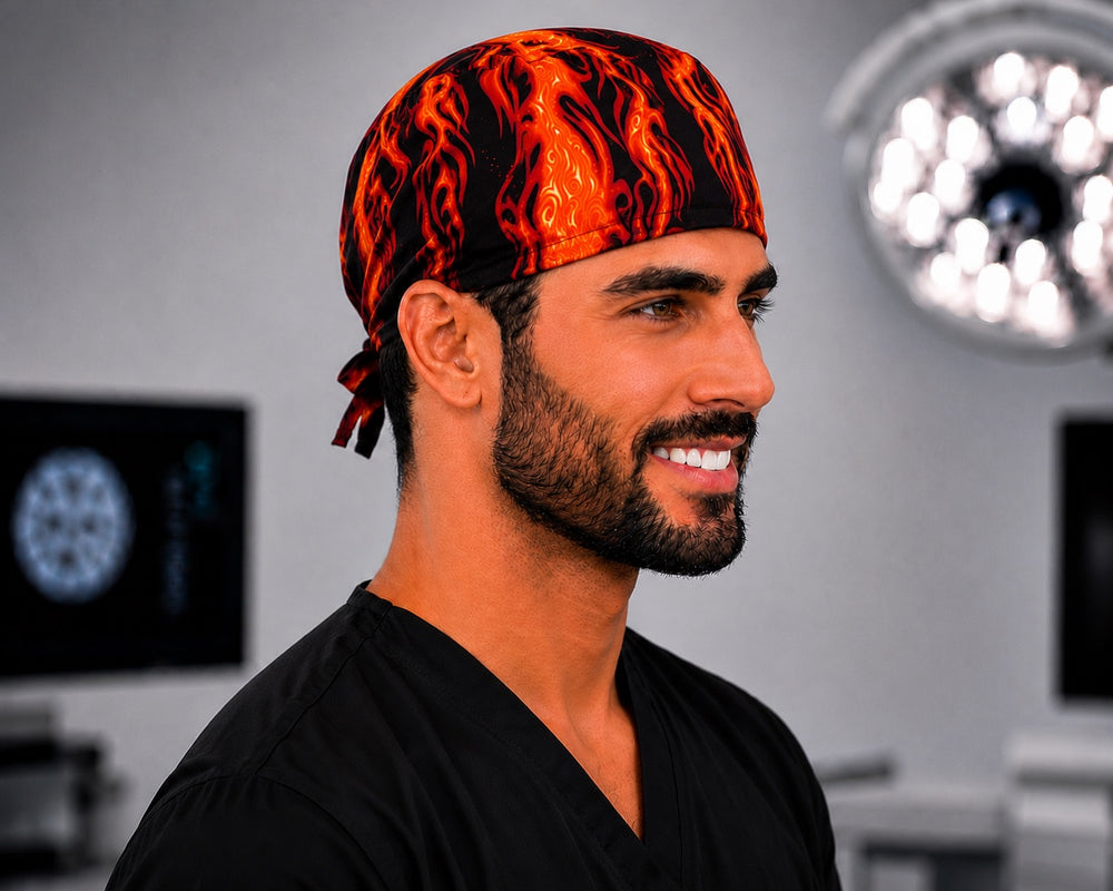 Side profile of orange and black flame fire men's scrub cap, adjustable tie-back surgical hat for surgeons and surgical techs