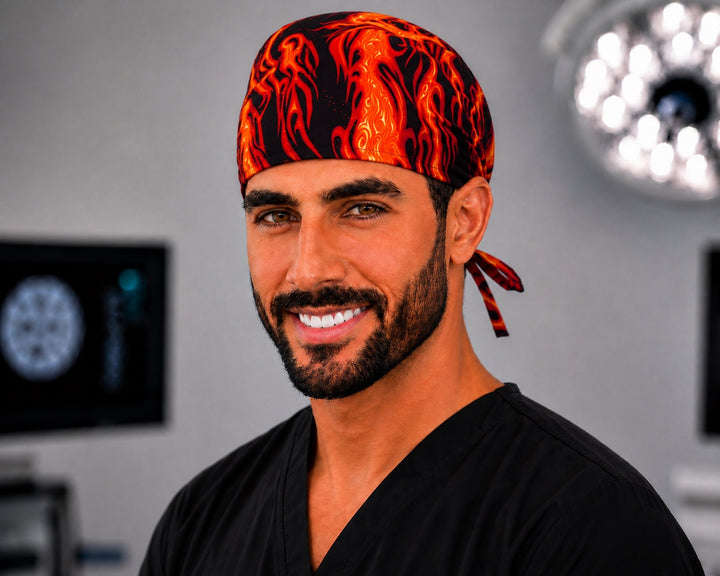 Flame print scrub cap in orange and black fire, handmade men&