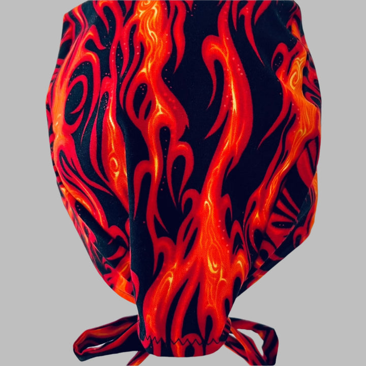 Back view of orange &amp; black flame tie-back scrub cap — handmade-in-USA OR cap, great gift for surgeons &amp; nurses.