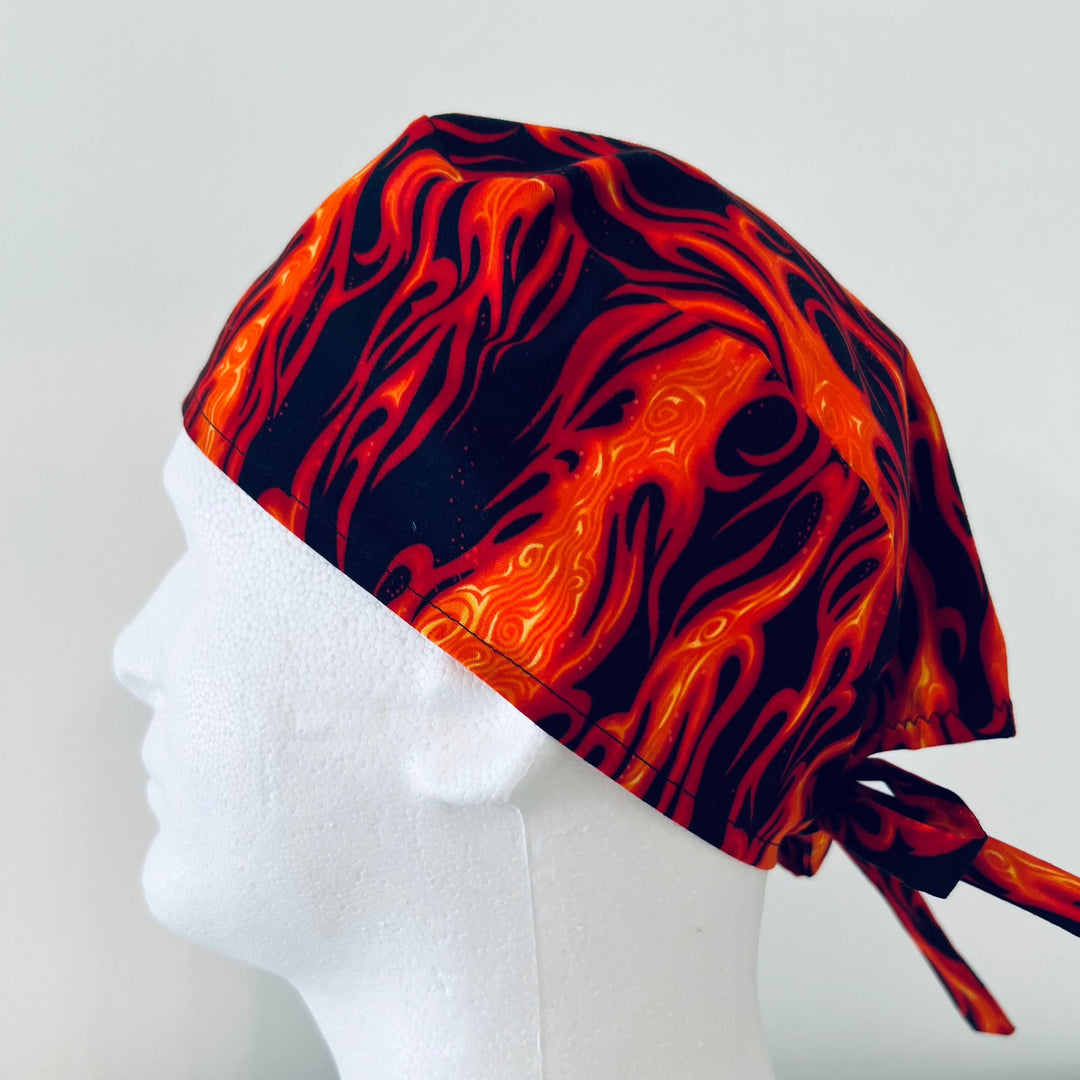 Front view of flame fire scrub cap — handmade USA surgical cap for surgical techs, anesthesia &amp; ER nurses.