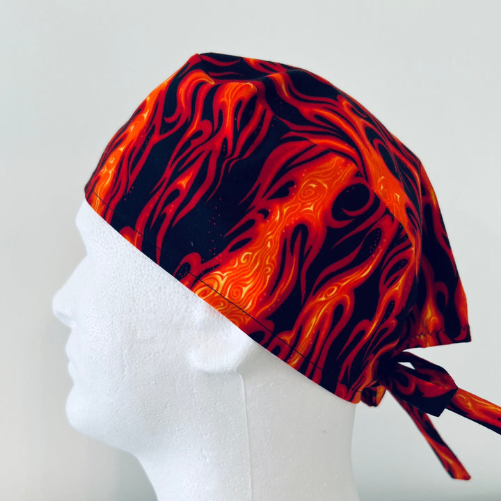 Front view of flame fire scrub cap — handmade USA surgical cap for surgical techs, anesthesia &amp; ER nurses.