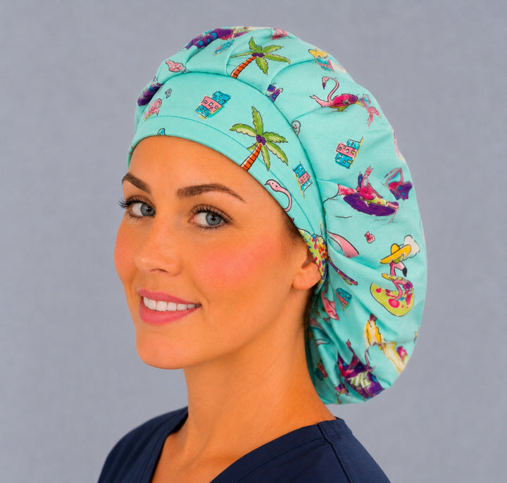 Flamingo pool-float bouffant scrub cap side view — vacation beach print roomy cap for nurses, adjustable elastic fit