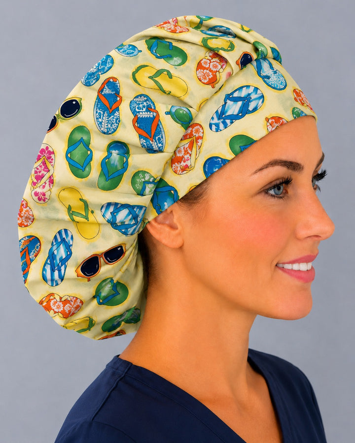 Back view of the flip flop bouffant scrub cap — full gathered coverage showing sandals and sunglasses across the yellow crown