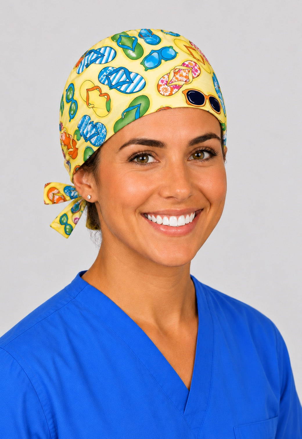 Rear bow ties on flip flop scrub hat, unisex summer OR cap shown from behind on a man