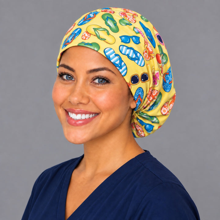 Back view of the Flip Flops &amp; Sunglasses Euro scrub cap — elastic gathered back showing flip flops across the yellow crown