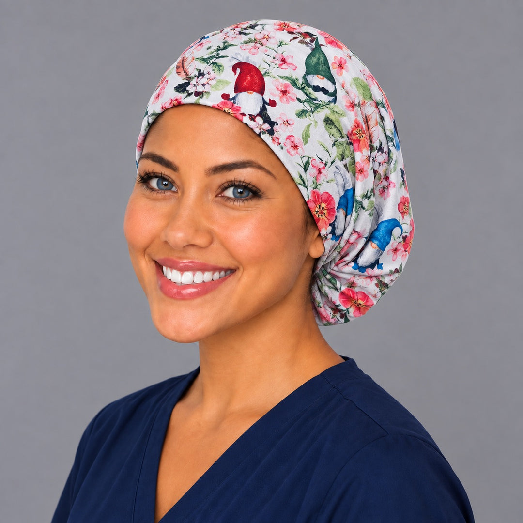 Floral gnome Euro surgical cap, left angled view — elastic adjustable back that secures long or thick hair