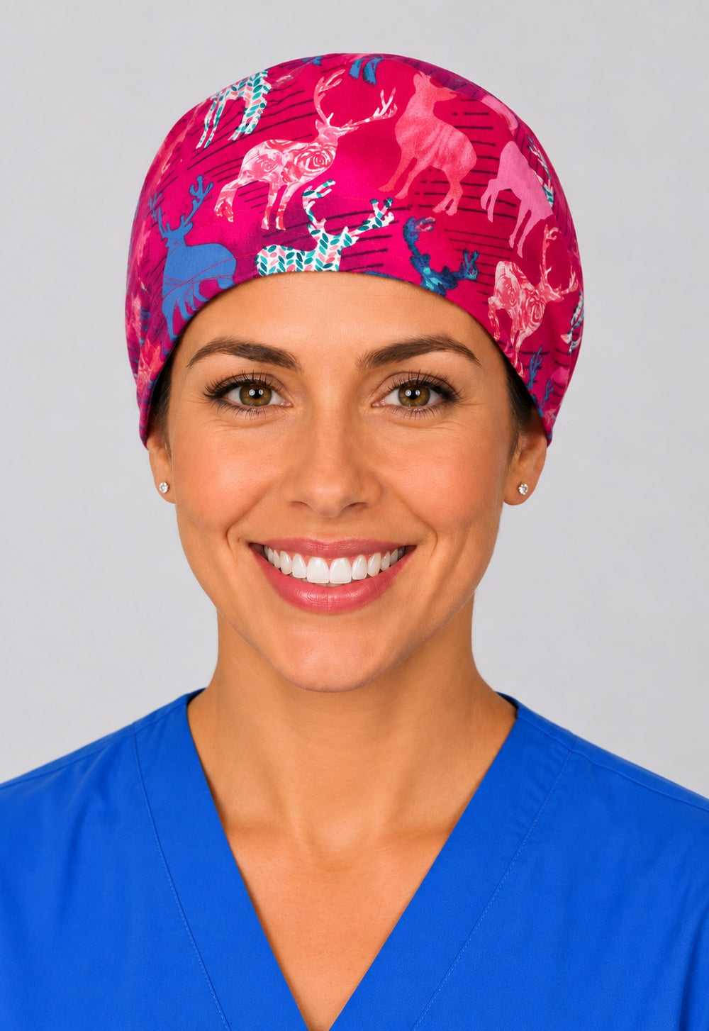 Floral stag surgical hat in straight front view, unisex OR cap sized for short hair