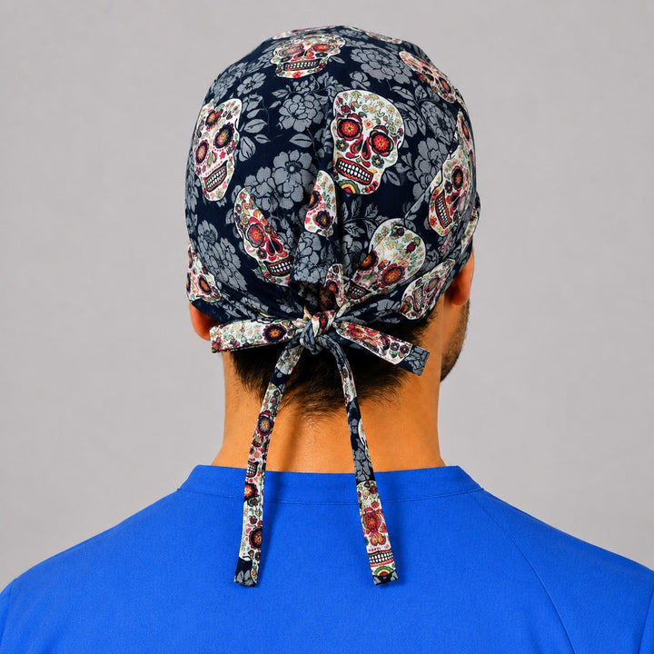 Floral sugar skull scrub cap side view — Halloween Dia de los Muertos tie-back surgical cap, handmade in the USA, nurse gift