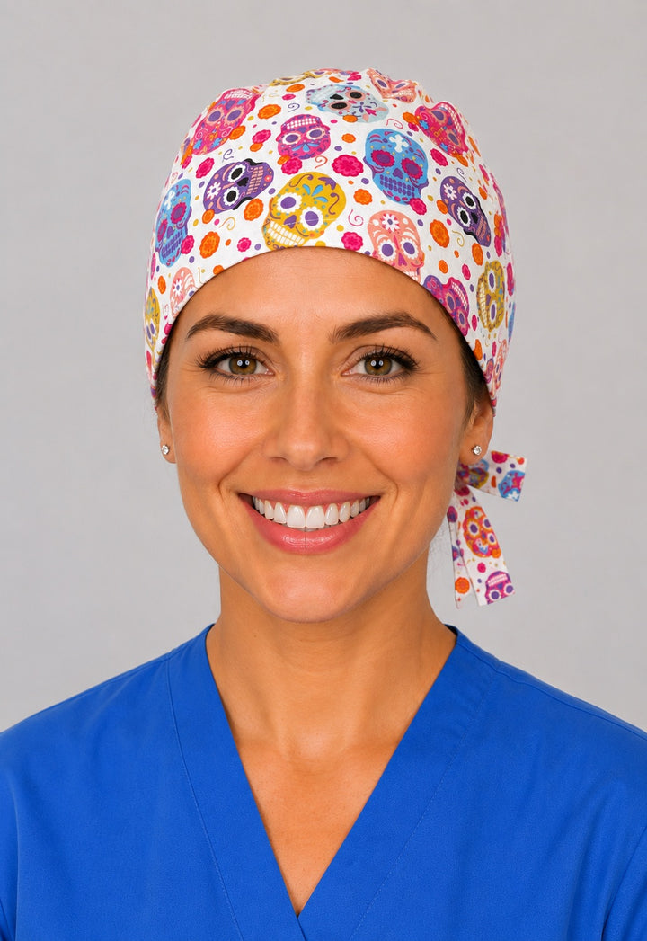 Left profile of floral sugar skull scrub cap for women with short hair, Mexican folk art OR cap