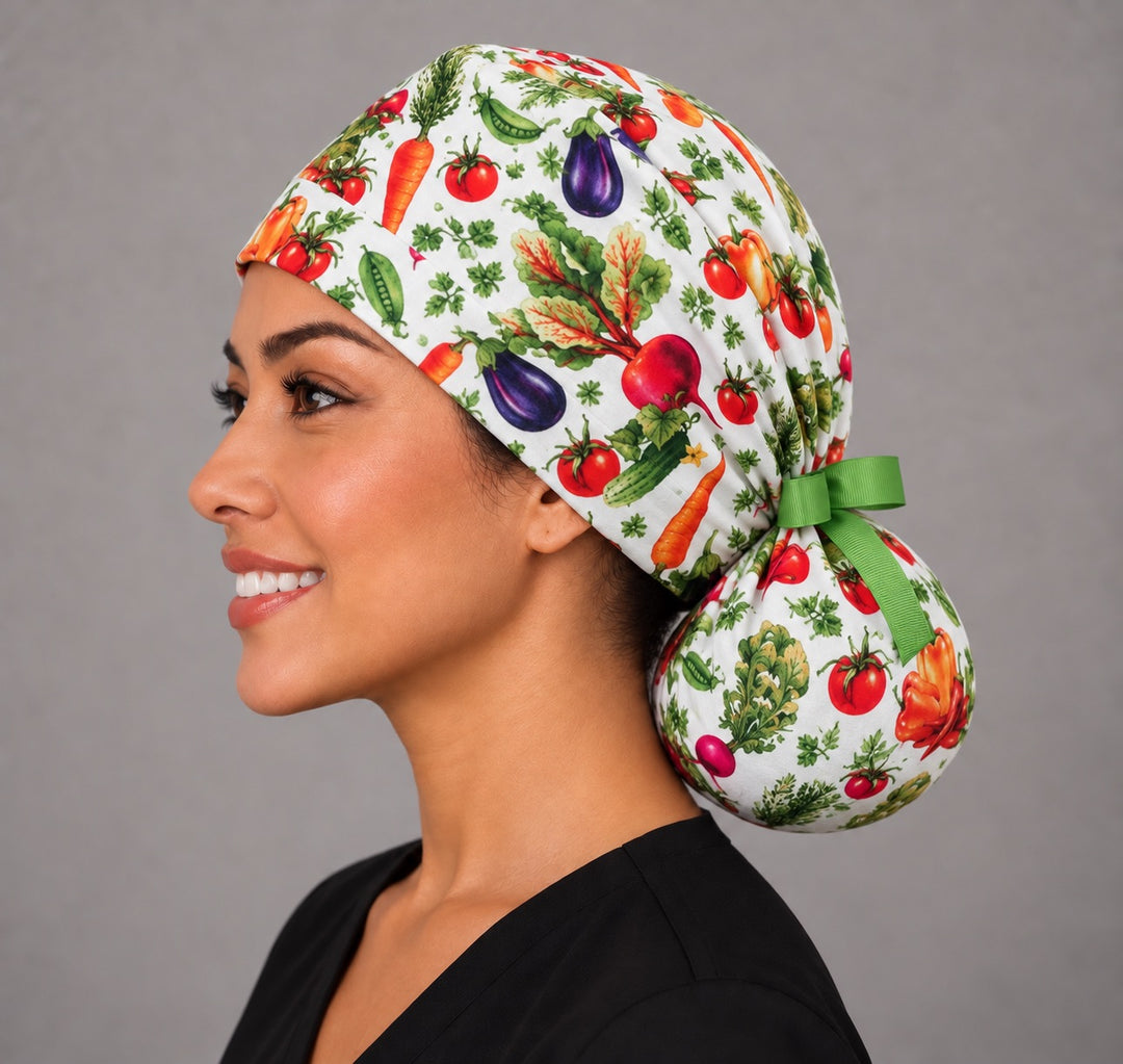 Opposite side profile of a foodie ponytail OR cap in 100% cotton, with a short green ribbon bow tied above the pouch