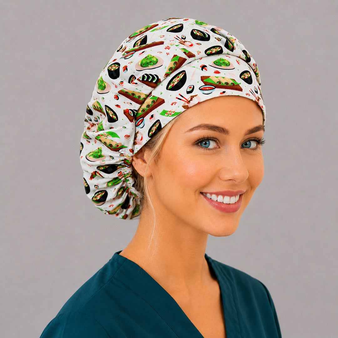Foodie sushi bouffant scrub cap, right angled smiling view — edamame and dumpling print for OR nurses and surgical techs