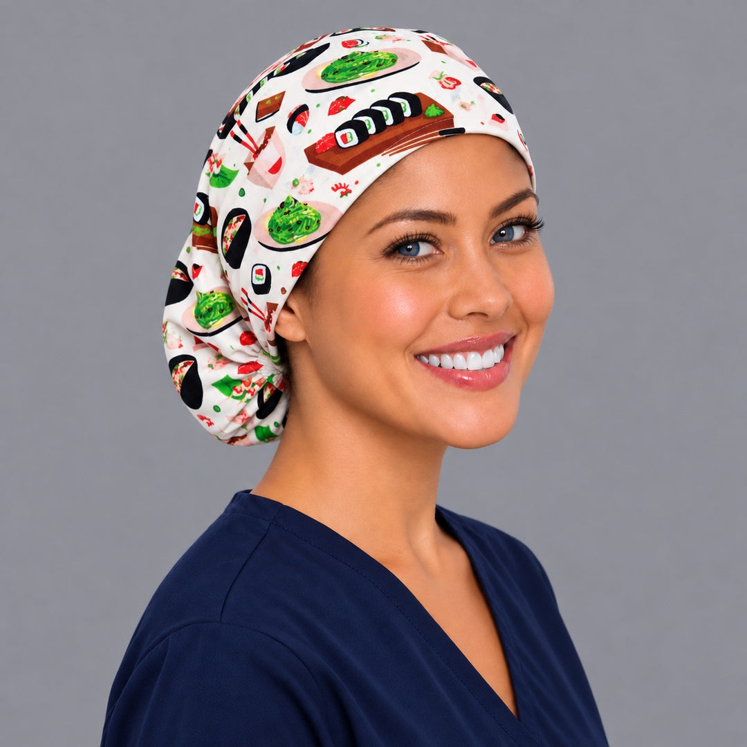 Foodie sushi Euro surgical cap, left angled view — elastic adjustable back that secures long or thick hair