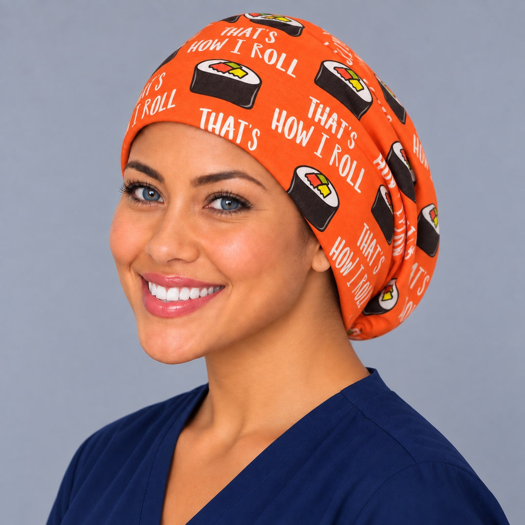 Foodie sushi Euro surgical cap, right angled view — elastic adjustable back that secures long or thick hair