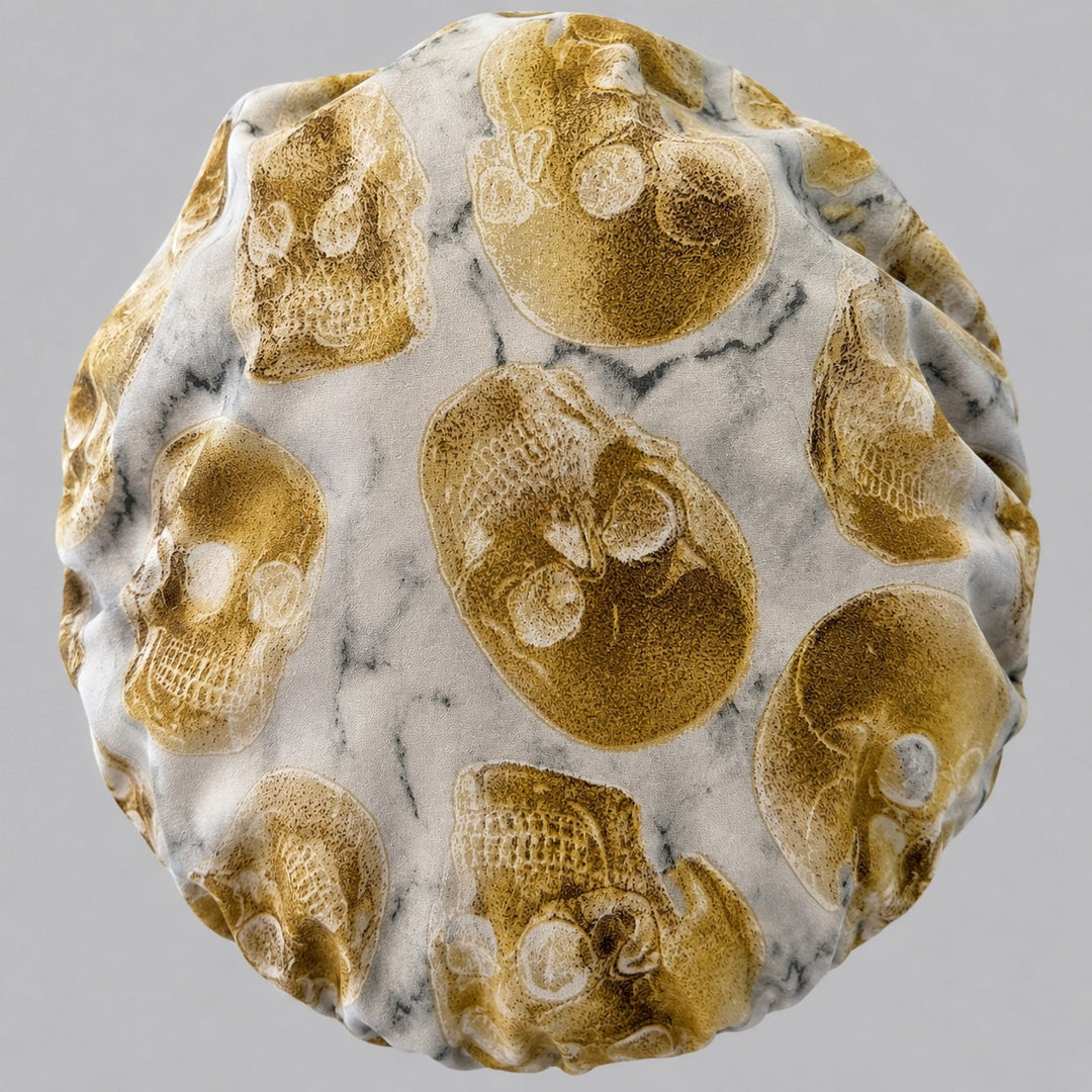 Close-up of fossil skull bone fabric — warm neutral skulls on marbled stone, handmade-in-USA OR World bouffant surgical hat for women