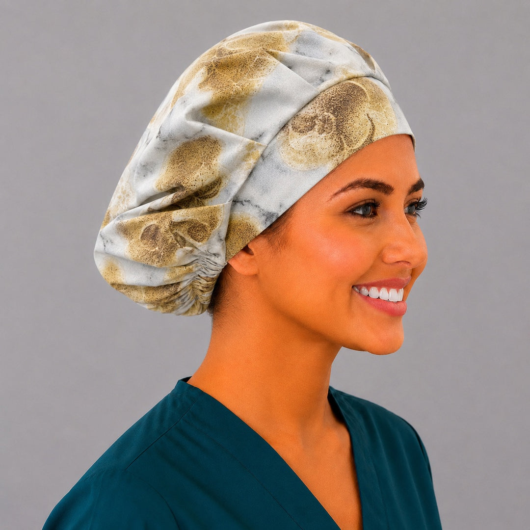 Fossil skull bone bouffant surgical cap right side profile showing neutral fossil skulls on marbled stone, OR World earth-tone nurse hat