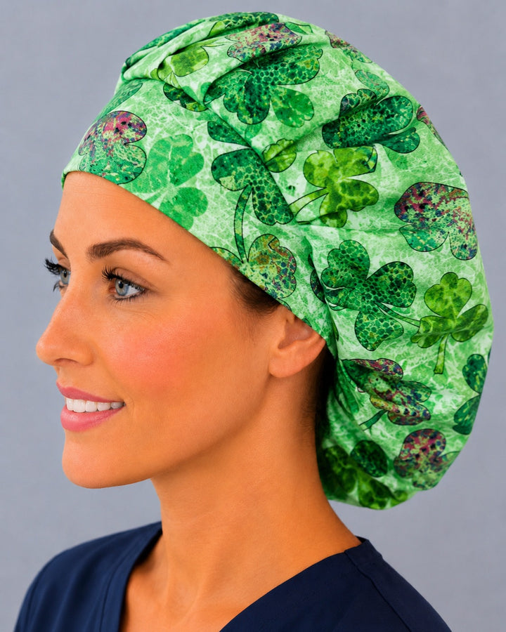 Four-leaf clover bouffant cap for women, left side profile — handmade St. Patrick&