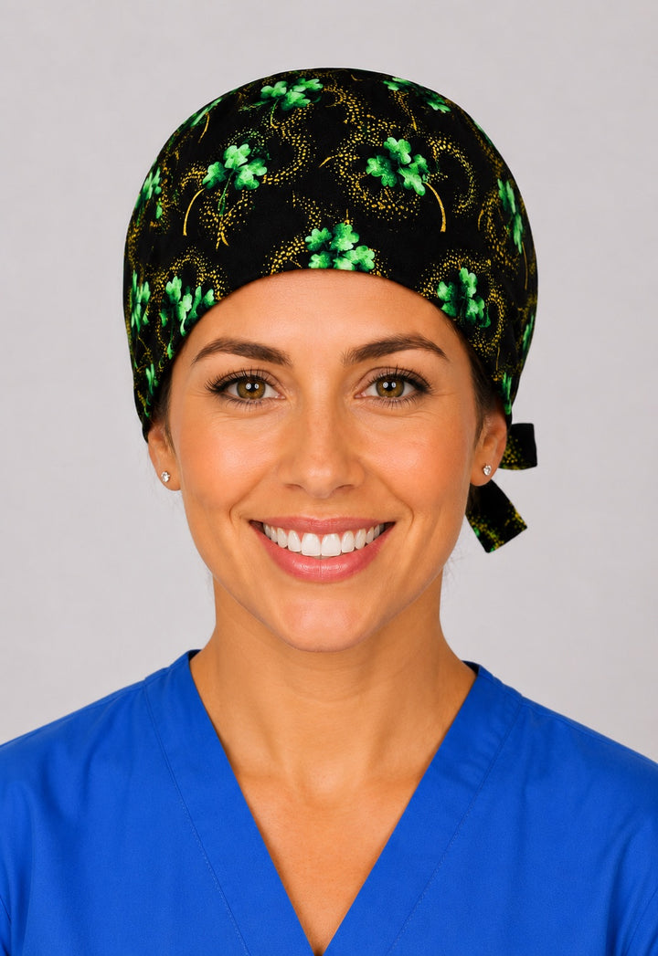 Back view of adjustable tie-back knot on black and gold four-leaf clover unisex surgical hat