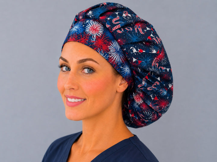 Fourth of July bouffant scrub cap with starburst contrast band, angled view — roomy elastic-back cap that secures long thick hair