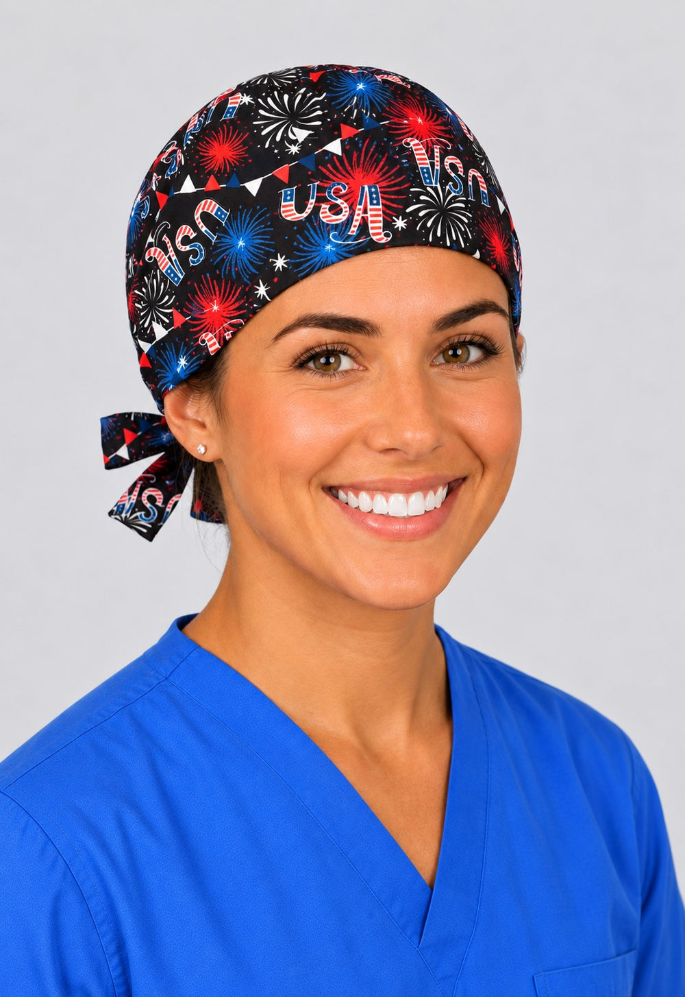 Angled view of Fourth of July bunting and firework OR cap, patriotic gift for veteran nurses and techs