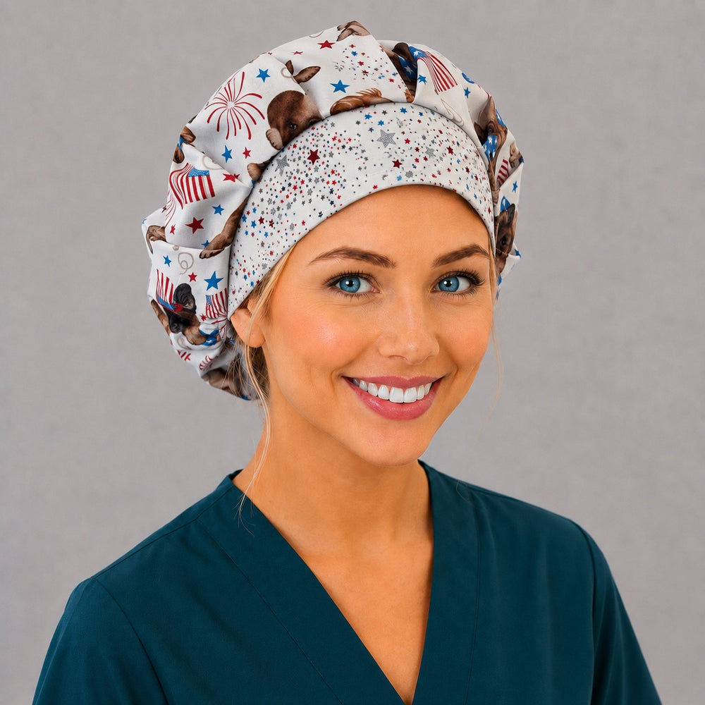 Fourth of July dog bouffant cap for women, right angled smiling view — handmade patriotic puppy surgical cap, USA made