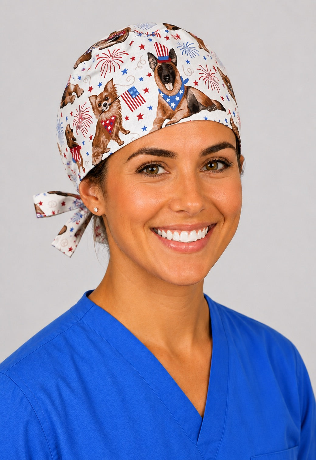 Left profile of Fourth of July dog scrub cap for women with short hair, veterinary OR cap in cream