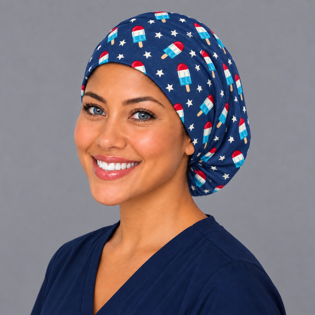 Fourth of July popsicle Euro cap, left side profile — handmade navy patriotic surgical cap, USA made