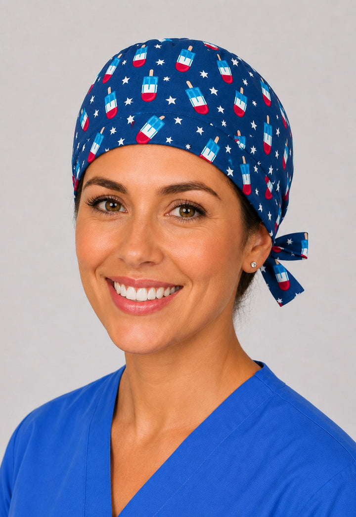 Right profile of Fourth of July popsicle scrub cap for women with short hair, navy star print OR cap
