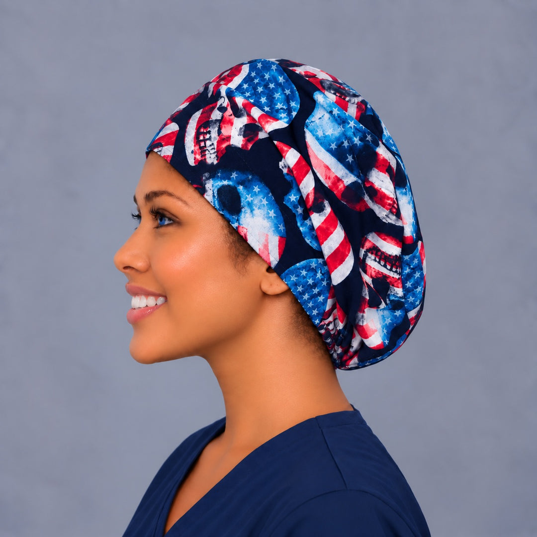 Fourth of July skull Euro scrub cap, left side profile — patriotic flag print for OR nurses and surgical techs