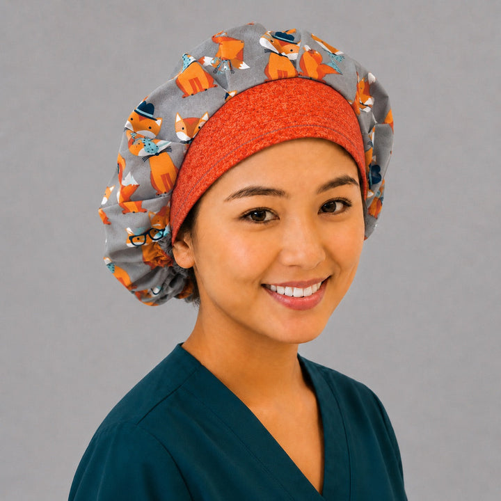 Foxy Foxes bouffant scrub cap on model, three-quarter angled view showing roomy crown for long and thick hair, women&