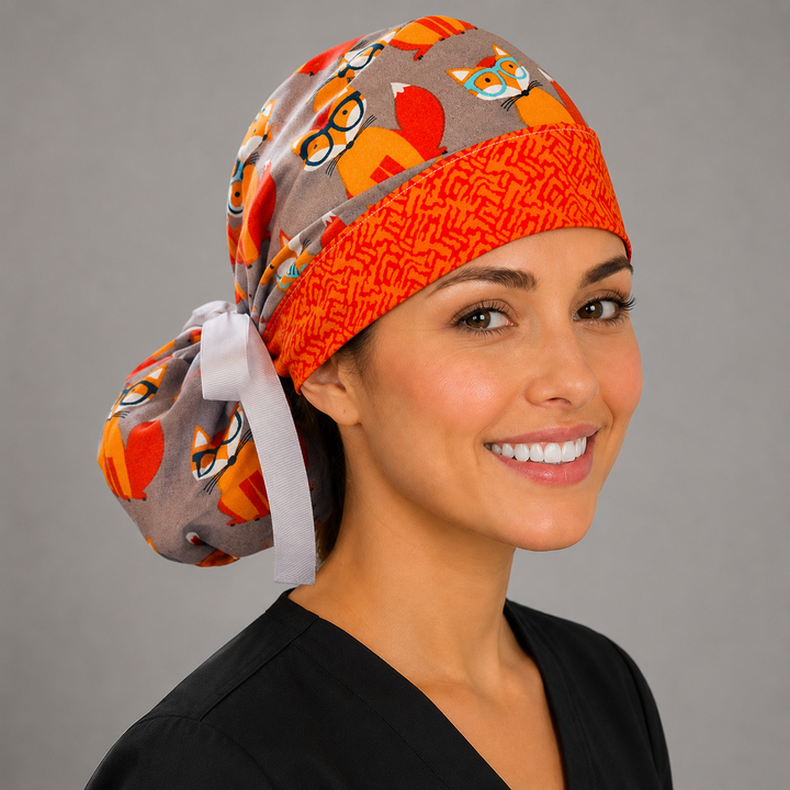 Fox print ponytail scrub cap for women on model, side view, gray surgical hat with orange hipster foxes in glasses, back pouch for long hair, handmade USA, OR World