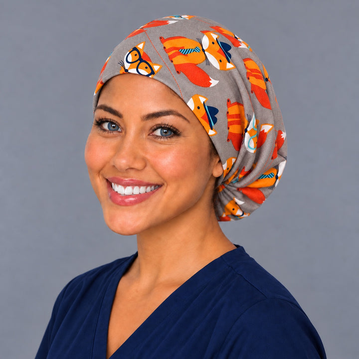 Foxy fox Euro surgical cap, left angled view — elastic adjustable back that secures long or thick hair