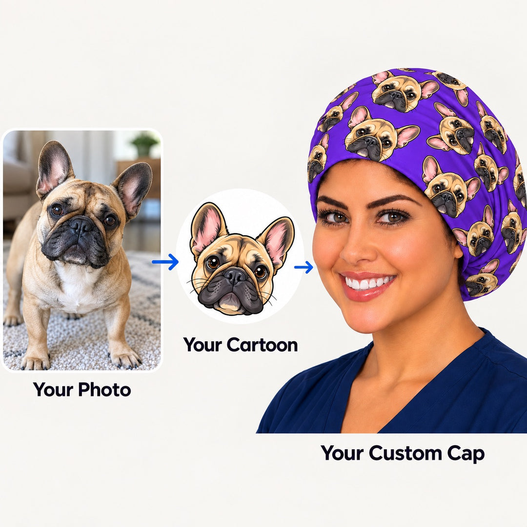 Before and after of a real Frenchie pet photo turned into a cartoon and printed on a purple custom pet photo euro scrub cap
