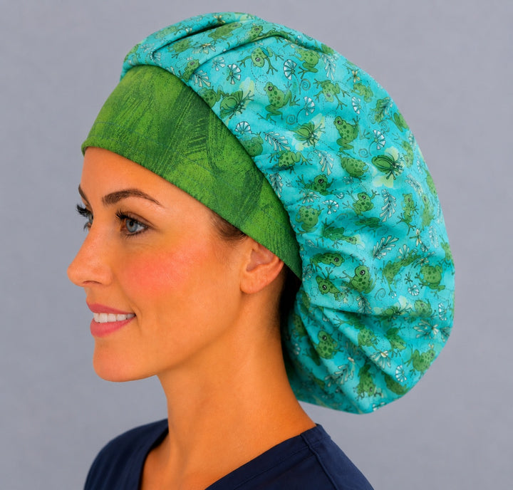 Profile view of the frog nature bouffant scrub cap — adjustable elastic roomy cap that secures long thick hair, frogs and dragonflies print