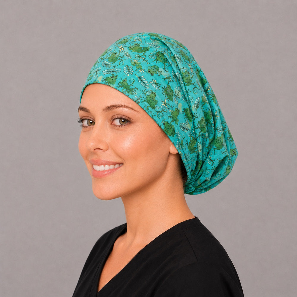 Frog nature Euro surgical cap, left angled view — elastic adjustable back with full coverage, favorite with vet techs