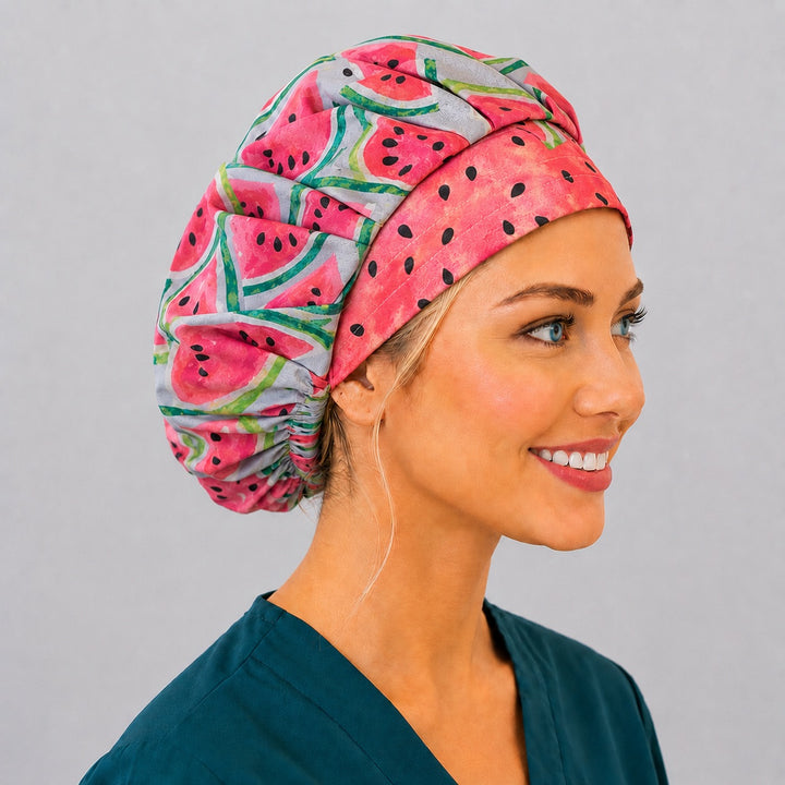 Fruit print watermelon bouffant surgical cap, side profile — roomy elastic-back cap that secures long thick hair for nurses and vet techs