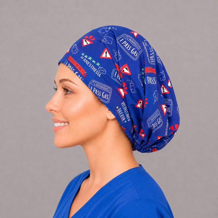 Funny anesthesia Euro cap, left side profile — red warning triangle print, handmade in the USA