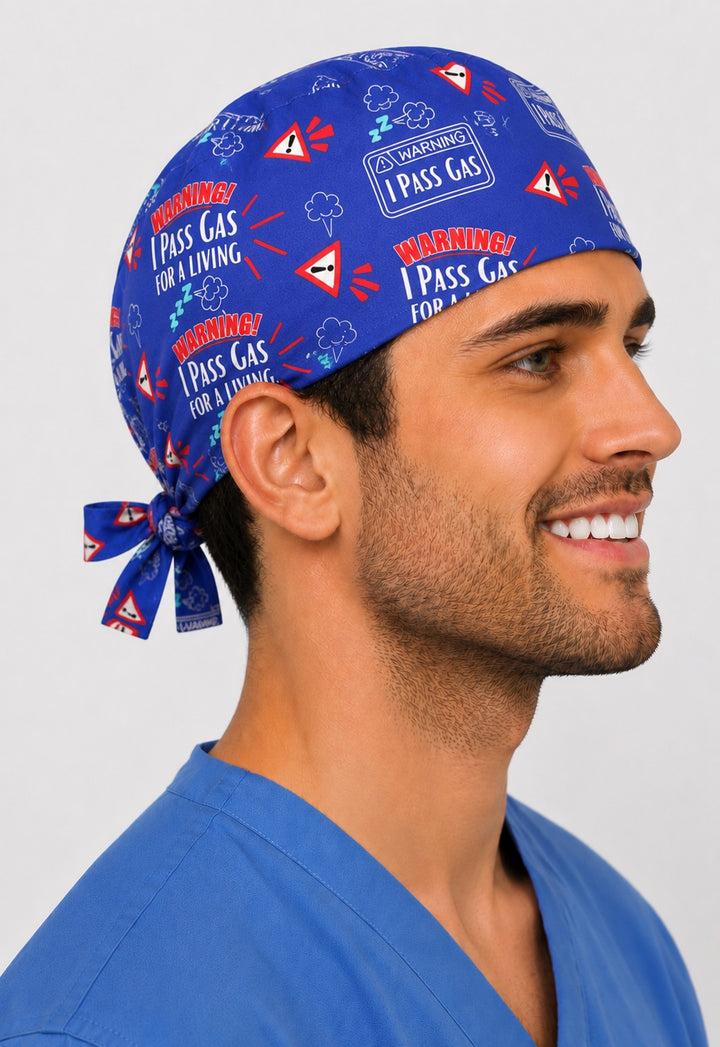 Funny anesthesia tie-back scrub cap side profile — I Pass Gas for a Living CRNA gift, adjustable cotton surgical cap