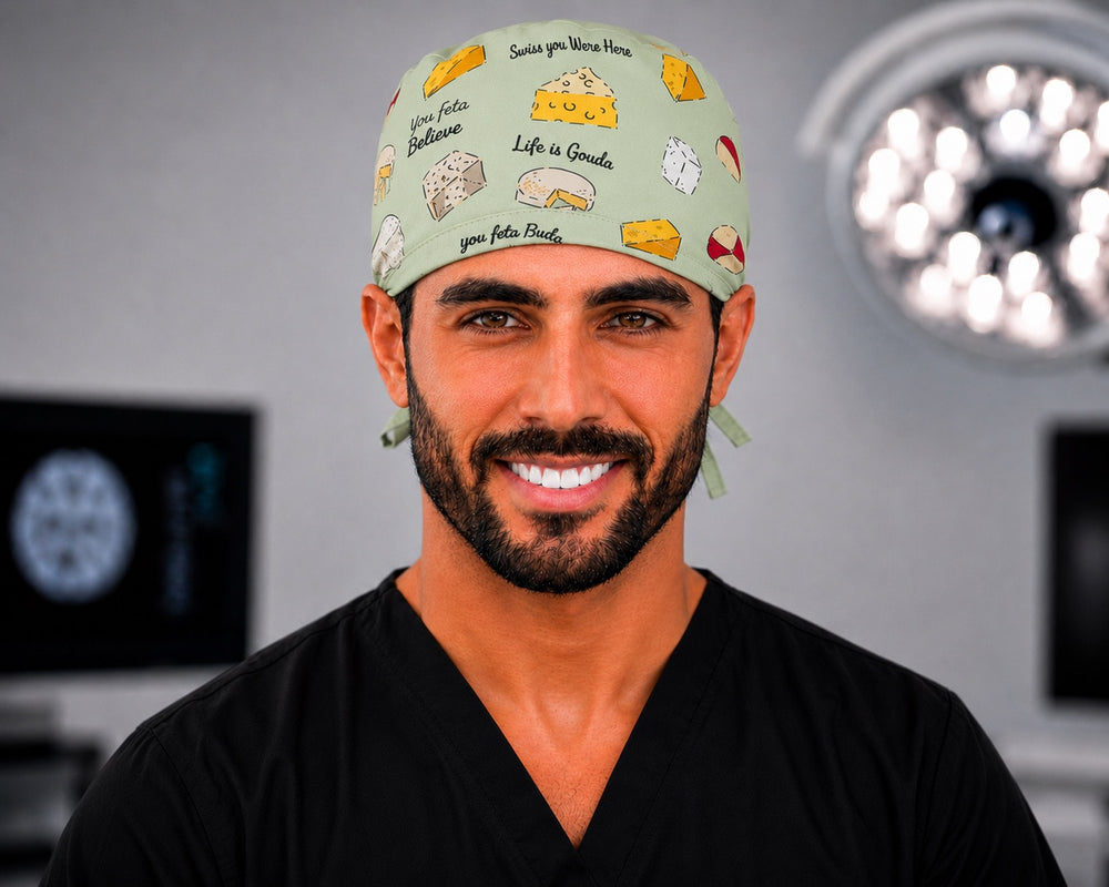 Man in You Feta Believe cheese surgical hat, unisex funny scrub cap front view