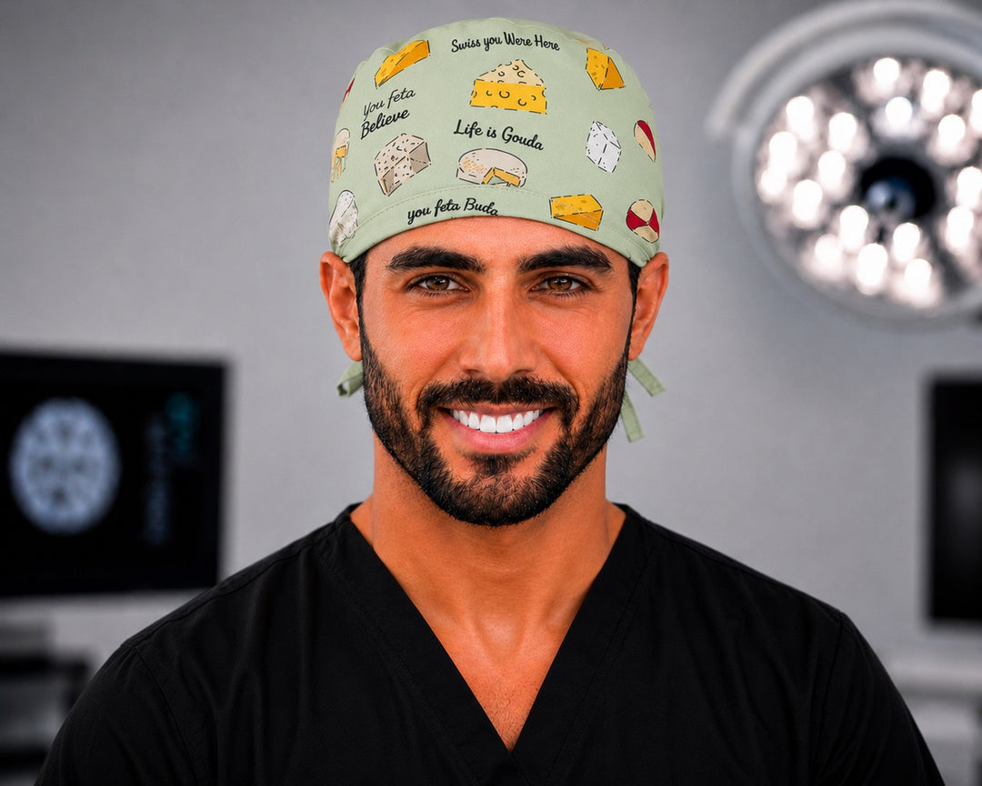 Man in You Feta Believe cheese surgical hat, unisex funny scrub cap front view
