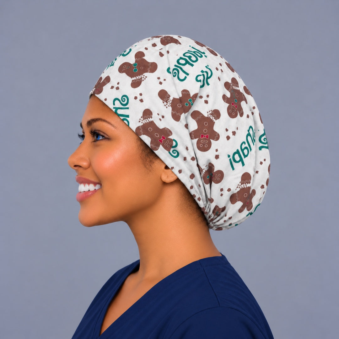 Funny Christmas gingerbread Euro cap, left side profile — handmade holiday humor surgical cap, USA made